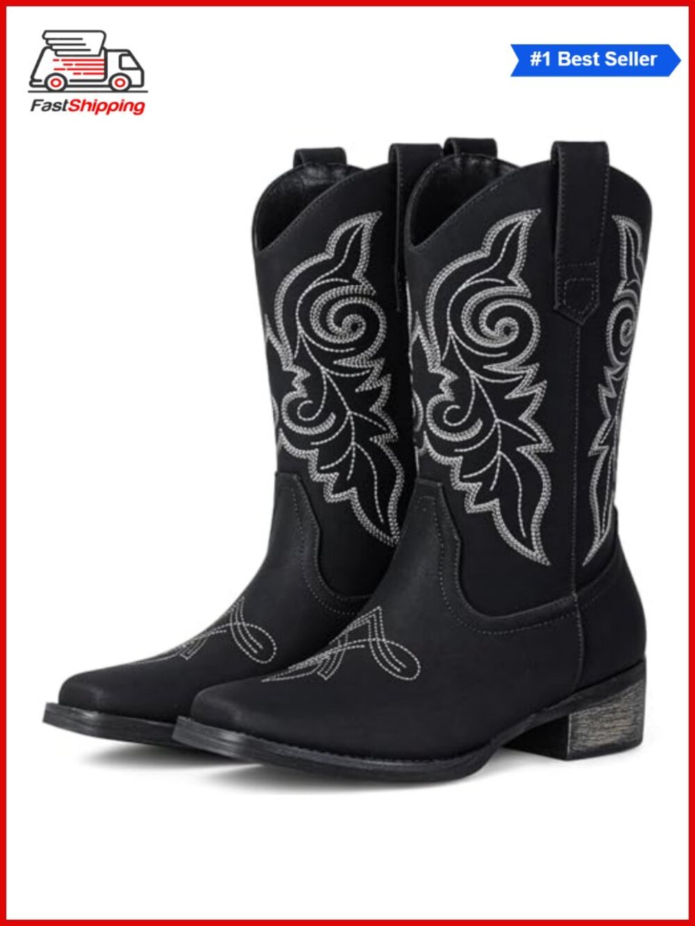 Faux Leather Western Cowboy Boots Square Toe Mid Calf Chunky Heel Pull On